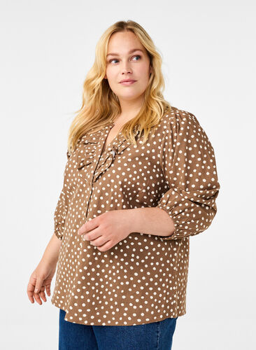 ZizziGepunktete Baumwollbluse mit 3/4-Arm, Coca Mocha Dot , Model image number 0