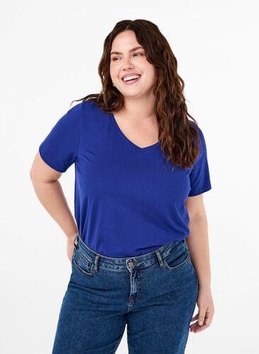 ZizziUnifarbenes Basic-T-Shirt aus Baumwolle, Sodalite Blue, Model image number 0