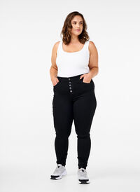 Amy Jeans mit hohem Bund und Knopfverschluss, Black, Model