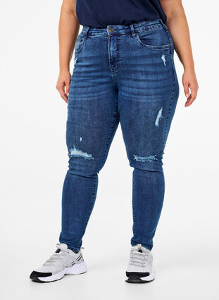 ZizziSuper-Slim Amy Jeans mit Abnutzungsdetails, Blue Denim, Model image number 2