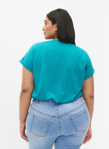 Zizzi Kurzärmeliges T-Shirt aus einer Baumwollmischung, Teal Blue, Model image number 1