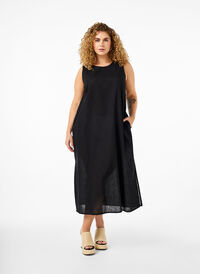 Ärmelloses Kleid aus Baumwollmischung mit Leinen, Black, Model