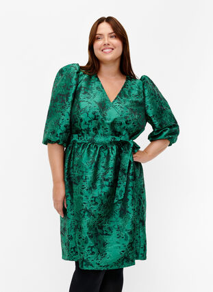 ZizziKurzes Wrap-Kleid mit 3/4-Ärmeln, Green , Model image number 0