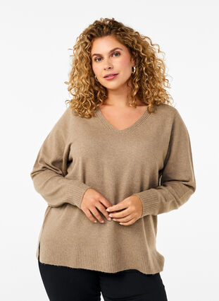 Zizzi Strickbluse mit V-Ausschnitt, Desert Taupe Melange, Model image number 0