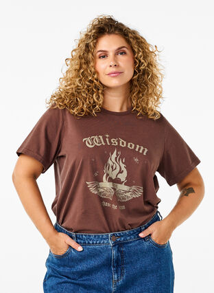 ZizziBedrucktes T-Shirt aus Bio-Baumwolle, Brown Wash W. Wisdom, Model image number 0