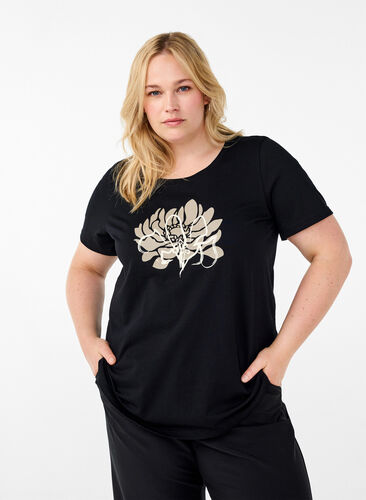 ZizziT-Shirt mit Motiv, Black w. Flower, Model image number 0