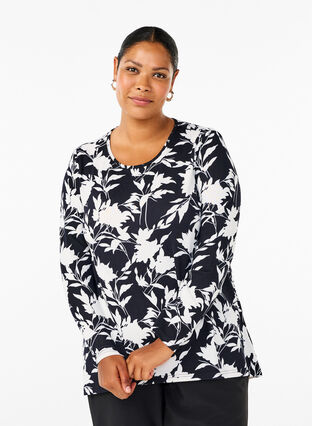 Zizzi Bluse mit Blumenmuster und langen Ärmeln, Night Sky Flower AOP, Model image number 0