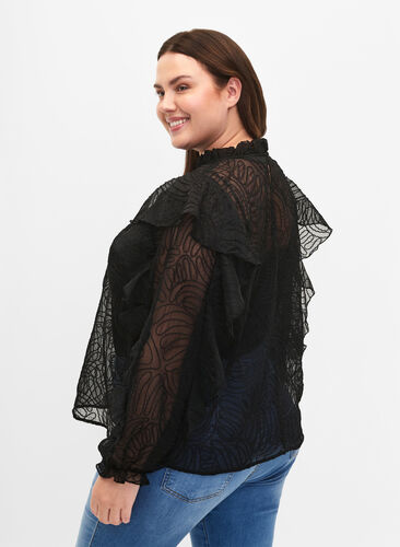 Zizzi Rüschenbluse aus Chiffon mit Struktur, Black, Model image number 1