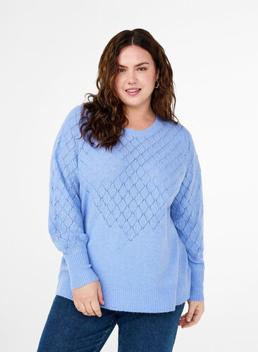 Zizzi Strickbluse mit Spitzenmuster, Cornflower Blue Mel., Model image number 0