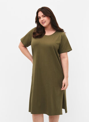 ZizziBaumwollkleid mit kurzen Ärmeln, Ivy Green, Model image number 0