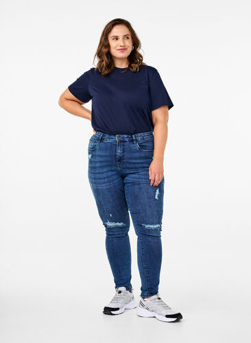 ZizziSuper-Slim Amy Jeans mit Abnutzungsdetails, Blue Denim, Model image number 0