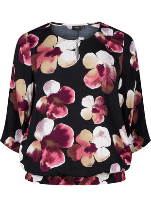 Zizzi Viskosebluse mit Print und Kittel, Black Pink FlowerAOP, Packshot image number 0