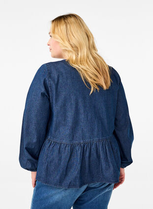 ZizziPeplum-Bluse aus Denim mit Bindeverschluss, Dark Blue Denim, Model image number 1