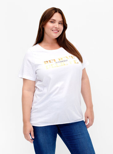 ZizziBaumwoll-T-Shirt mit Folien-Druck, B. White w. Believe, Model image number 0