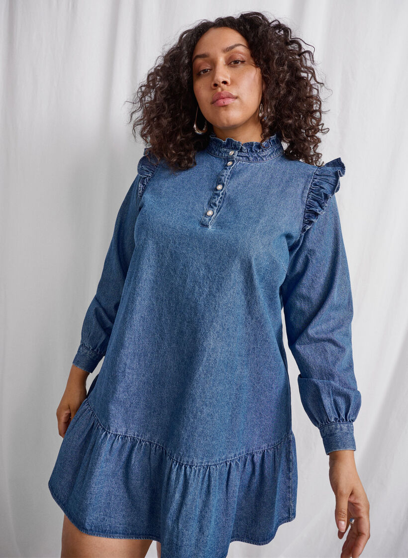 Denim-Kleid mit Rüschen und A-Ausschnitt, Blue Denim, Image