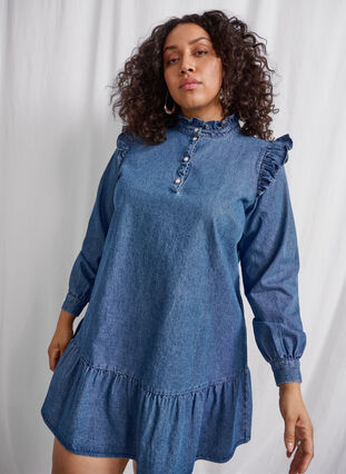 ZizziDenim-Kleid mit Rüschen und A-Ausschnitt, Blue Denim, Image image number 0