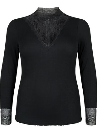 ZizziGerippte Viskosebluse mit Spitze, Black, Packshot image number 0