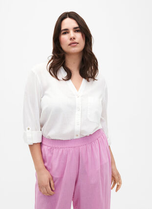 Zizzi Hemdbluse mit Knopfverschluss aus Baumwoll-Leinen-Gemisch, Bright White, Model image number 0