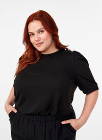 Viskose-Bluse mit V-Ausschnitt und Stickdetail, Black, Model
