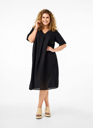 Zizzi Kaftan-Kleid aus Baumwollmischung mit Leinen, Black, Model image number 0