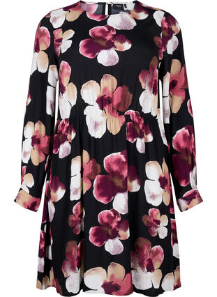 ZizziViskosekleid mit Druck und langen Ärmeln, Black Pink FlowerAOP, Packshot image number 0