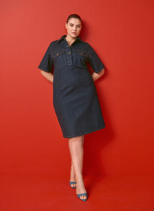 ZizziDenim-Kleid mit kurzen Ärmeln und Brusttaschen, Dark Blue Denim, Image image number 0