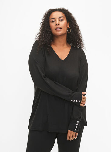 ZizziLangärmelige Bluse mit breitem Ärmelaufschlag und Knöpfen, Black, Model image number 0