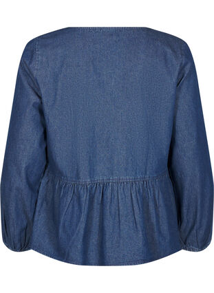 ZizziPeplum-Bluse aus Denim mit Bindeverschluss, Dark Blue Denim, Packshot image number 1