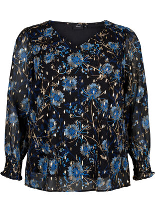 Zizzi Geblümte Bluse mit langen Ärmeln und V-Ausschnitt, Black Blue Flower , Packshot image number 0