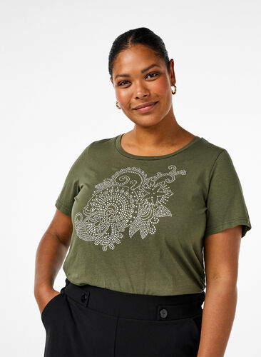 ZizziBaumwoll-T-Shirt mit Strass-Motiv, Thyme w. Rhinestones, Model image number 0