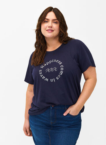 Zizzi FLASH - T-Shirt mit Motiv, Navy Blazer Wave , Model image number 0