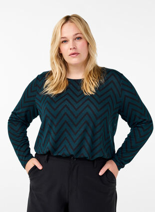 ZizziGemusterte Bluse mit langen Ärmeln, Scarab ZigZag, Model image number 0