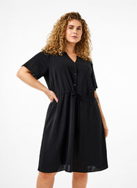 Kurzärmliges Kleid mit Bindeband an der Taille, Black, Model