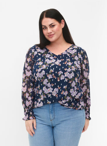 ZizziGeblümte Bluse mit langen Ärmeln und V-Ausschnitt, Blue Small Fl. AOP, Model image number 0