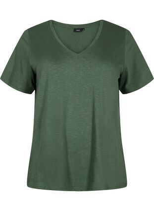 Zizzi Kurzärmeliges Basic T-Shirt mit V-Ausschnitt, Thyme, Packshot image number 0