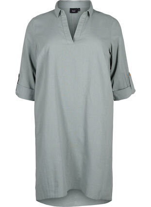 Zizzi Kleid mit V-Ausschnitt aus Baumwolle und Leinen, Chinois Green, Packshot image number 0