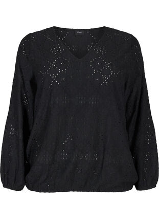 Zizzi Langärmelige Bluse mit V-Ausschnitt und Lochmuster, Black, Packshot image number 0