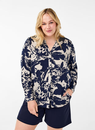 ZizziLangarmshirt mit Print und V-Ausschnitt, Navy Blazer AOP, Model image number 0