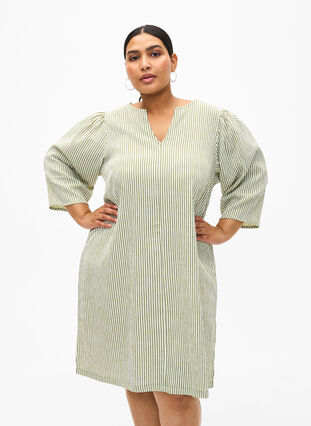 Gestreiftes Kleid mit 3/4-Ärmeln, Green Stripe, Model image number 0