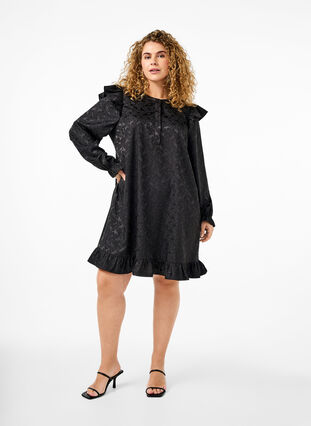 ZizziJacquardkleid mit langen Ärmeln und Rüschen, Black, Model image number 2