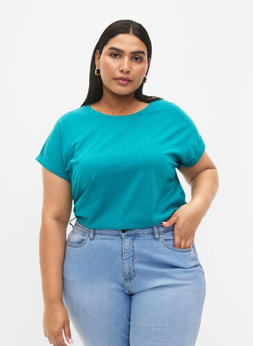 Zizzi Kurzärmeliges T-Shirt aus einer Baumwollmischung, Teal Blue, Model image number 0