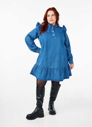 ZizziDenim-Kleid mit Rüschen und A-Ausschnitt, Blue Denim, Model image number 2