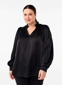  Langärmelige Bluse mit Rüschen und V-Ausschnitt, Black, Model