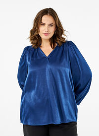  Langärmelige Bluse mit Rüschen und V-Ausschnitt, Estate Blue, Model