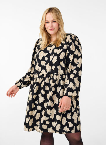 ZizziLangärmliges Kleid mit Muster und Schleifen, Black AOP, Model image number 0