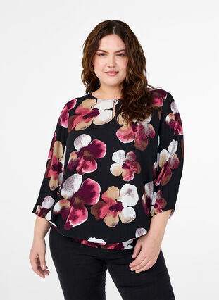 Zizzi Viskosebluse mit Print und Kittel, Black Pink FlowerAOP, Model image number 0