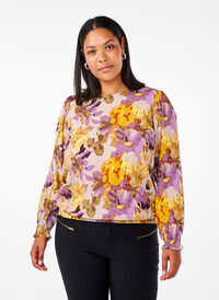 Künstlerbluse mit Blumenmuster, Purple Flower, Model