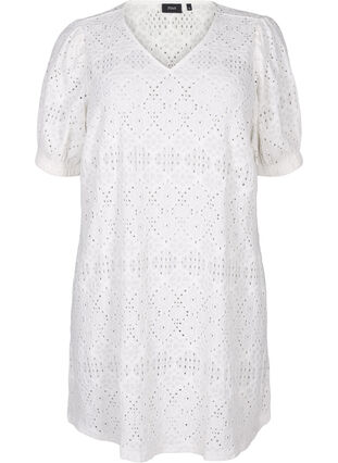 Zizzi Kurzes Kleid mit V-Ausschnitt und Lochmuster, Bright White, Packshot image number 0