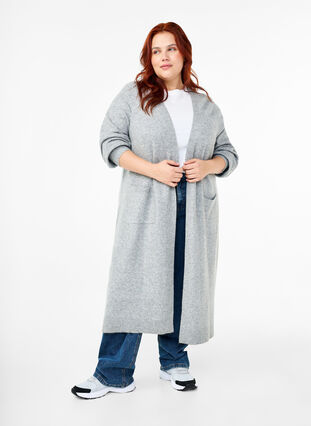 ZizziLange Strickjacke mit Taschen, Light Grey Melange, Model image number 2