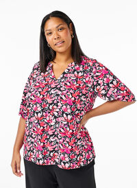 Bluse mit V-Ausschnitt und Blumendruck, Black Flower AOP, Model